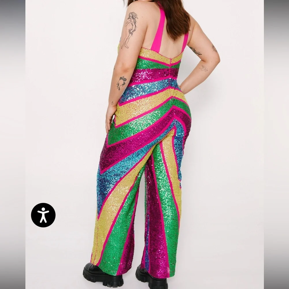 Nasty Gal Multicolor Sequin Chevron Jumpsuit - Pink, Green, Blue, Gold - Picture 3 of 8